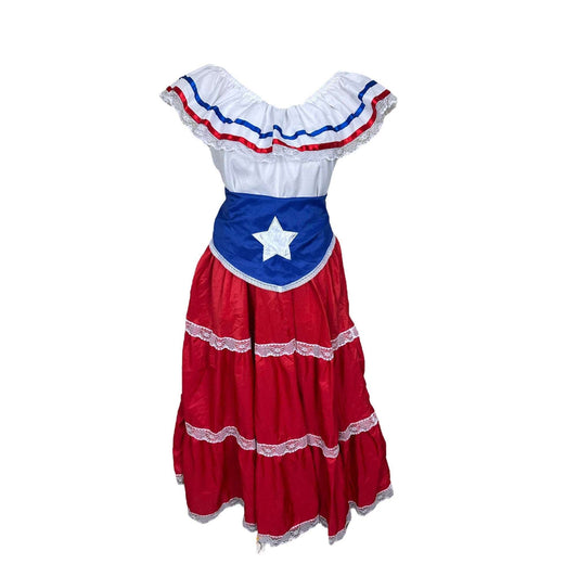 Puerto Rican Traditional Bomba Dress with Red Skirt and Blue Flag Belt