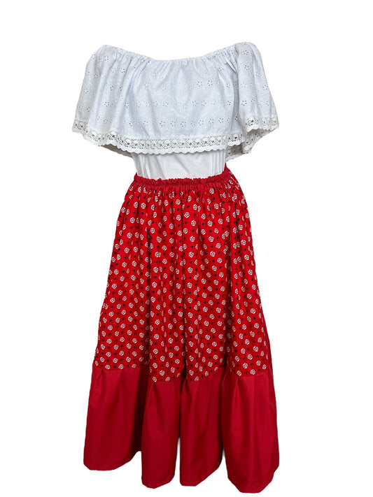 Puerto Rican Dress, Floral Red Jibarita Cultural Heritage Length 36"