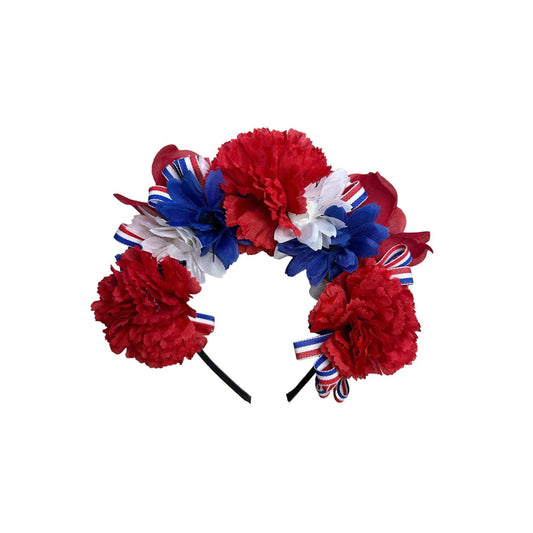 Red White and Blue Carnations and Roses Large Headband Puerto Rico Dominican Republic Panama Costa Rica USA Flag Colors - VivianFongDesigns LLC