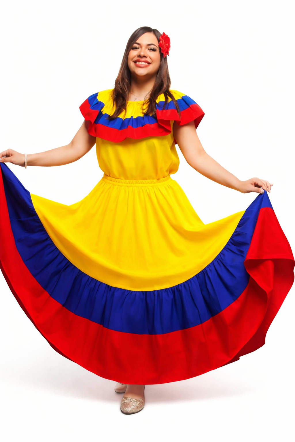 Colombian traditional tri-color dress representing Latin American heritage attire