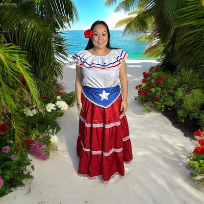 Robe rouge traditionnelle portoricaine avec jupe et ceinture à drapeau bleu