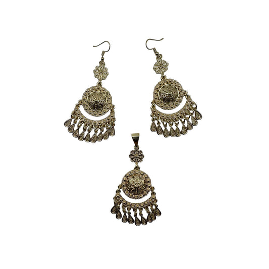 Ensemble de 3 pièces de bijoux panaméens, breloque ras du cou et boucles d'oreilles, couleur or, fleur en filigrane, perle blanche