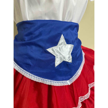 Puerto Rican Traditional Bomba Dress with Red Skirt and Blue Flag Belt