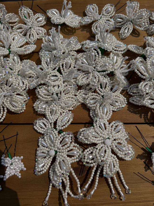 Authentic Tembleques Complete Set in White Pearls for Panama Pollera, detail shot