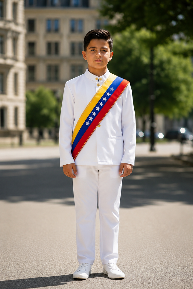 Venezuela Liqui Liqui Traditional 3-Piece Boys' Dress Set with Tri-Color Band by Vivian Fong Designs