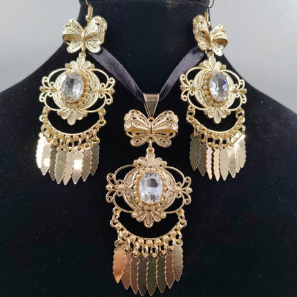 3 Piece Panamanian Choker & Earrings Set - Gold Plated Filigree with Gem