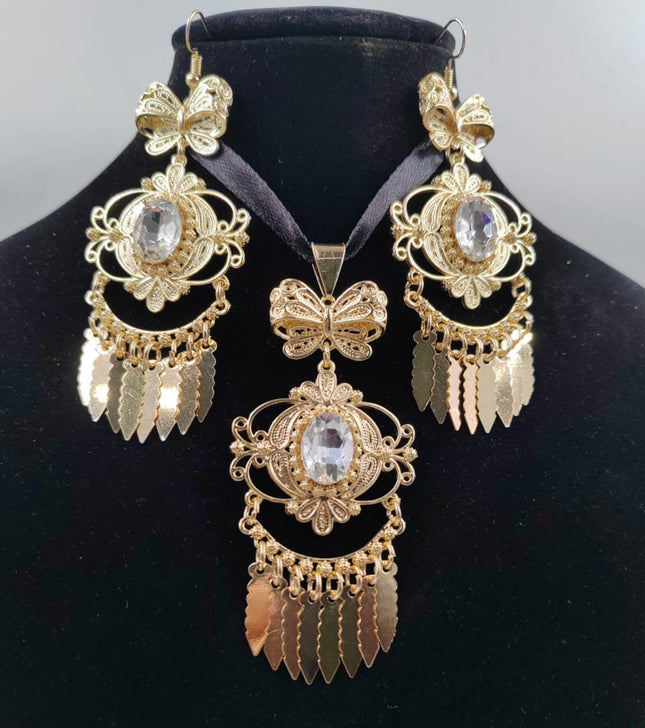 3 Piece Panamanian Choker & Earrings Set - Gold Plated Filigree with Gem