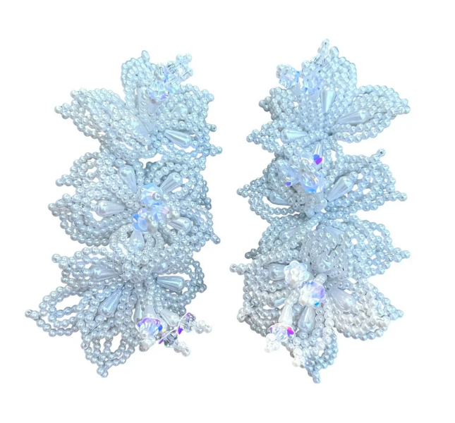 Pair of Tapamoños Tembleques White Beaded Flower Hair Pins - VivianFongDesignsLLC