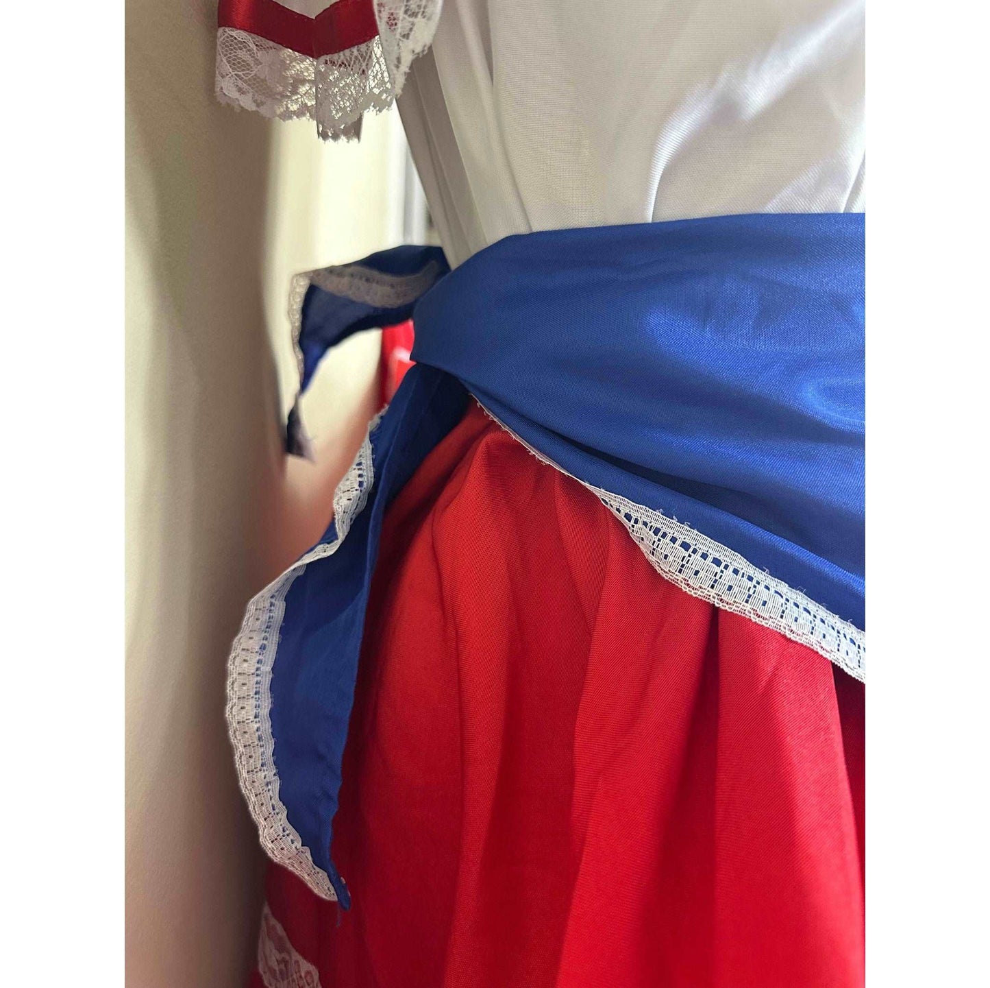 Puerto Rican Traditional Bomba Dress with Red Skirt and Blue Flag Belt