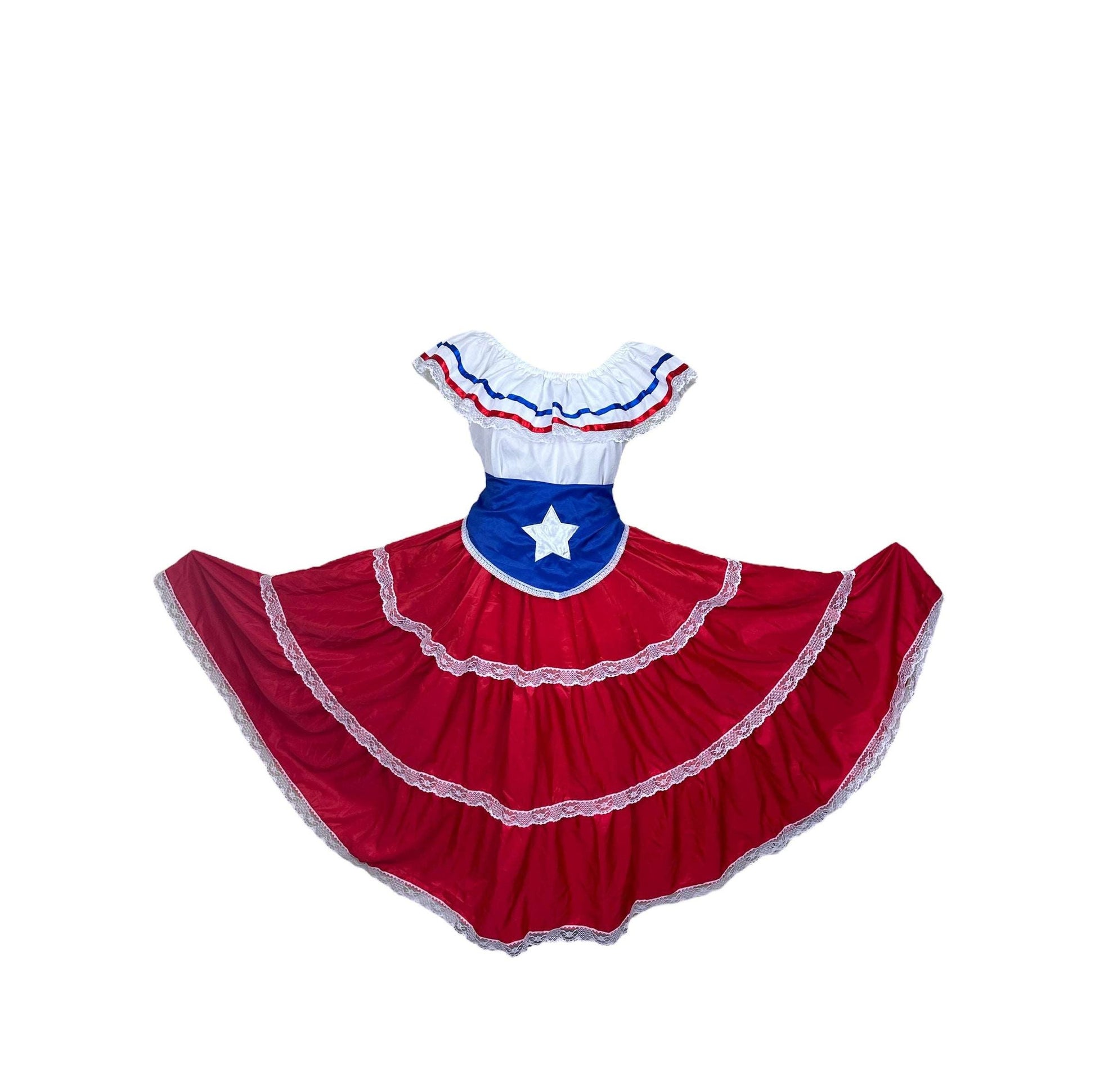 Puerto Rican Traditional Bomba Dress with Red Skirt and Blue Flag Belt