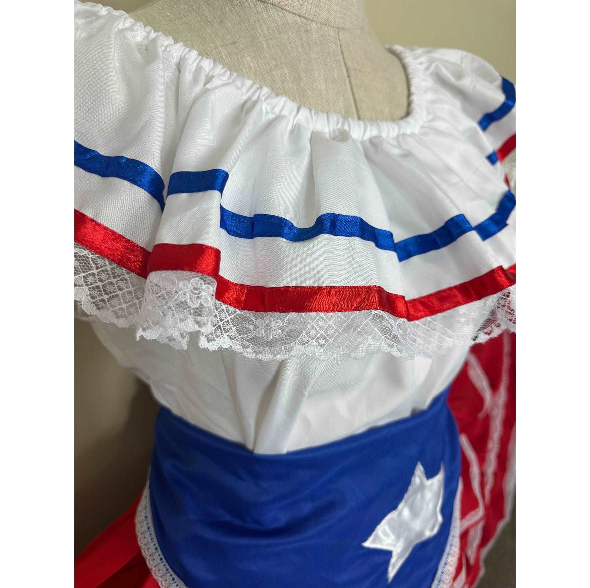 Puerto Rican Traditional Bomba Dress with Red Skirt and Blue Flag Belt