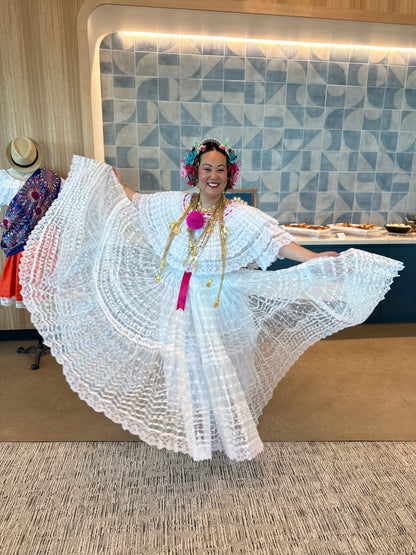 Panamanian Dress, White [Organza] Pollera with Turquoise Pompom