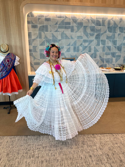 Panamanian Dress, White [Organza] Pollera with Turquoise Pompom