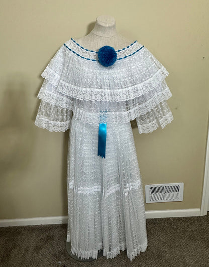 Panamanian Dress, White [Organza] Pollera with Turquoise Pompom