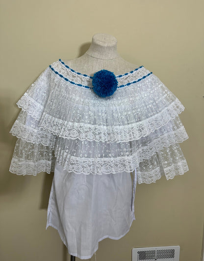 Panamanian Dress, White [Organza] Pollera with Turquoise Pompom