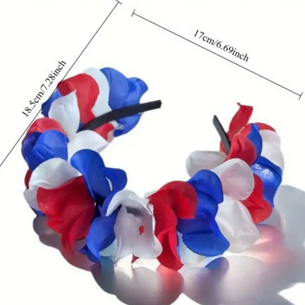 Diadema floral con rosas rojas, blancas y azules