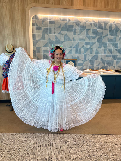 Panamanian Dress, White [Organza] Pollera with Turquoise Pompom