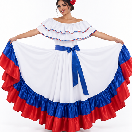 Dominican Republic Dancing Wide Dress with Ribbon and Satin Fabric