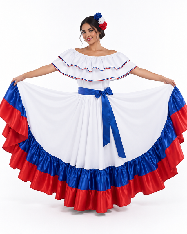 Dominican Republic Dancing Wide Dress with Ribbon and Satin Fabric