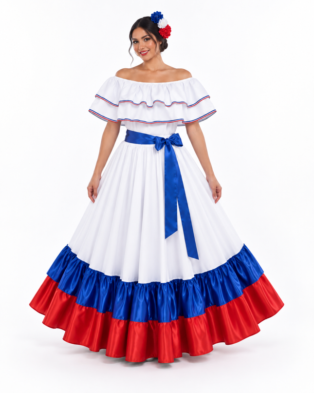 Dominican Republic Dancing Wide Dress with Ribbon and Satin Fabric