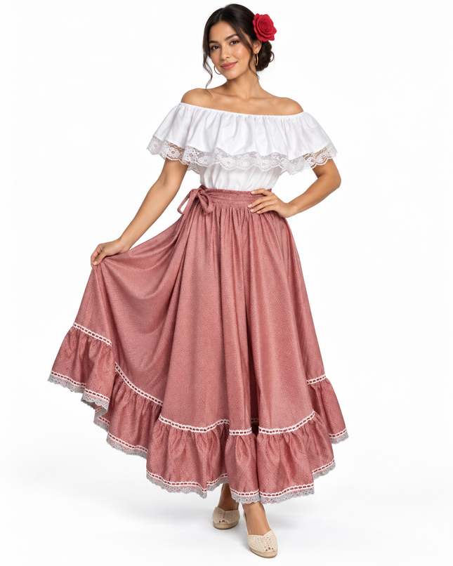 Vestido tradicional colombiano de cumbia con blusa blanca