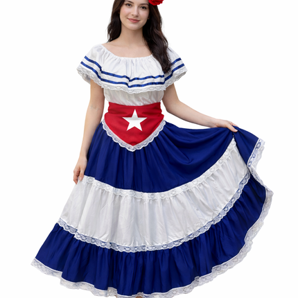 Caribbean Havana Fiesta Adult Dress - Traditional Attire with Red Star Flag Scarf