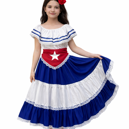 Caribbean Havana Fiesta Girl Dress - Traditional Attire with Red Star Flag Scarf