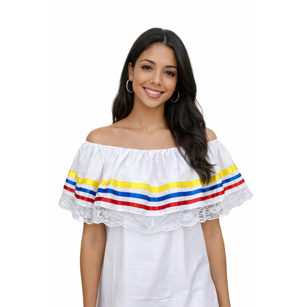 Colombian and Venezuelan traditional women's white blouse, handmade folk blouse, front view