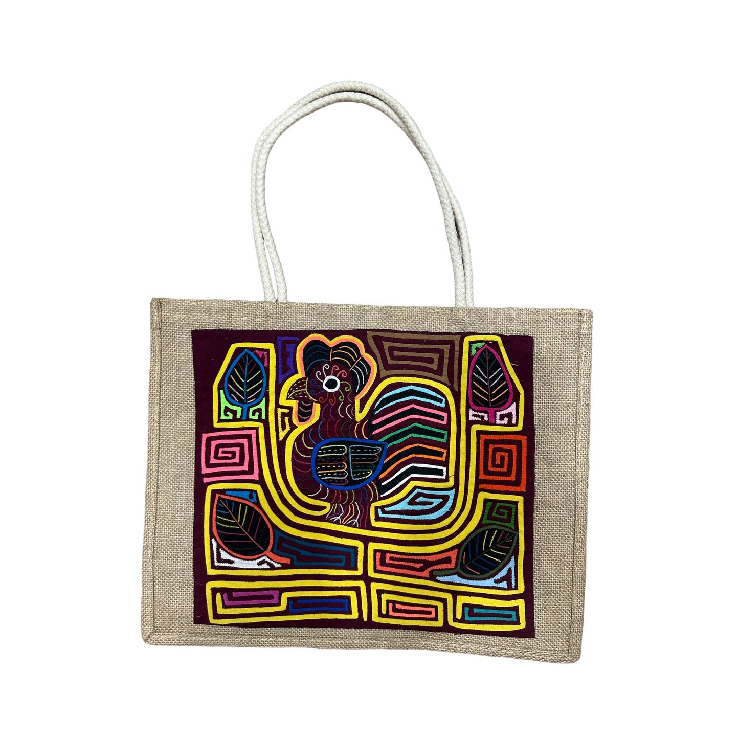 Handwoven Panamanian Ethnic Large Tote Bag Authentic Mola Designs - 17" x 13"