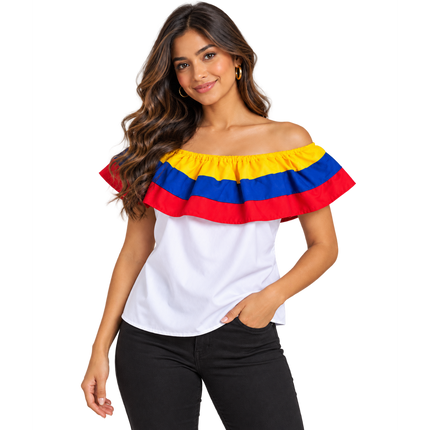 Colombian Blouse - White with Flag Color Stripes