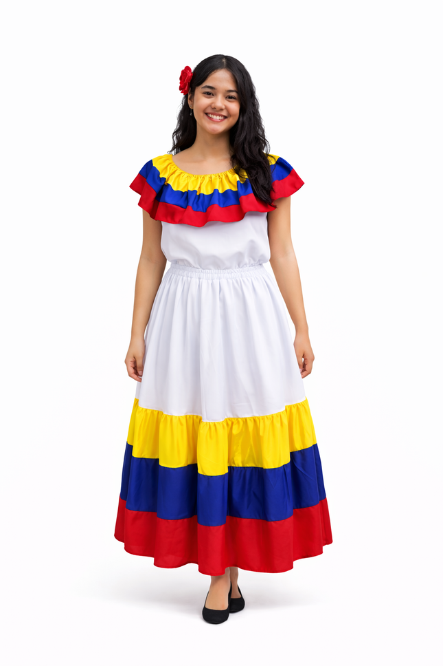 Colombian Traditional Fiesta Dress for Adults - White