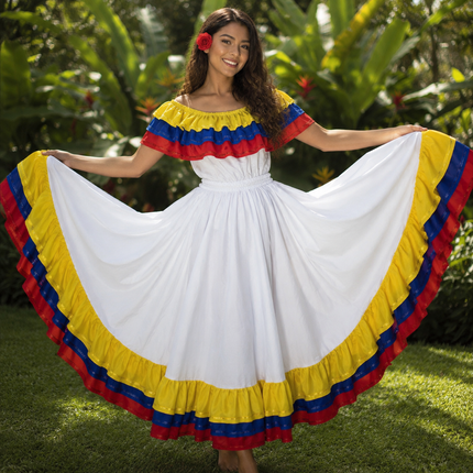 Colombia Traditional Cumbia Dress with Wide Skirt and Fancy Ribbon