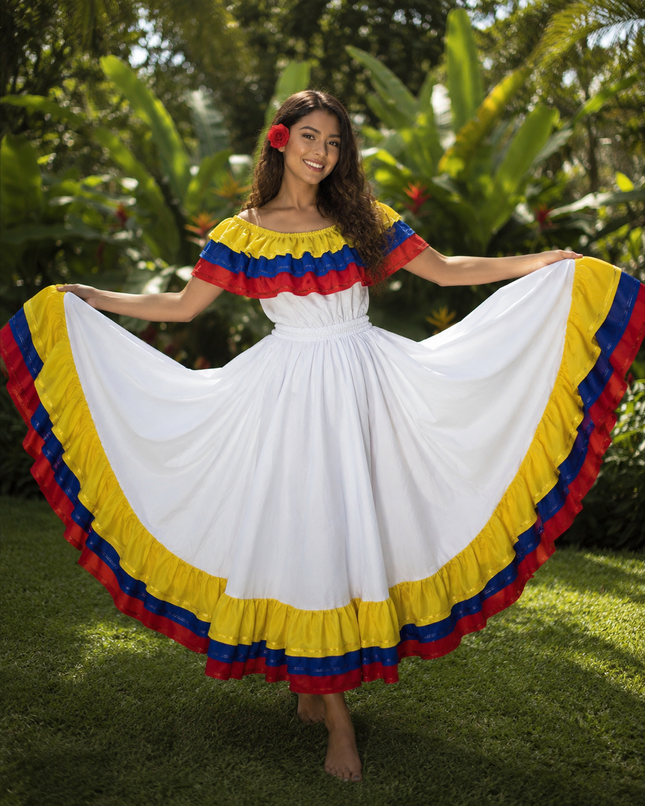 Colombia Traditional Cumbia Dress with Wide Skirt and Fancy Ribbon