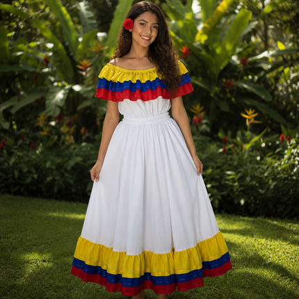 Colombia Traditional Cumbia Dress with Wide Skirt and Fancy Ribbon