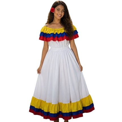 Colombia Traditional Cumbia Dress with Wide Skirt and Fancy Ribbon