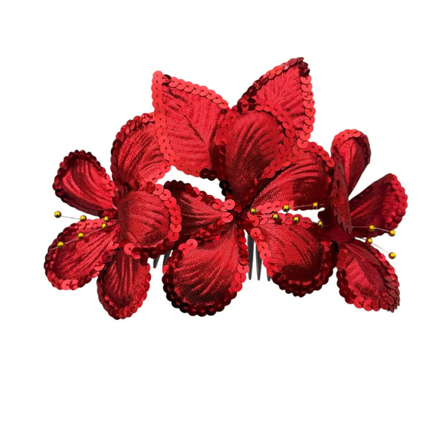Sequin Flowers Hair Comb for Cumbia Carnival Tipico Red - VivianFongDesignsLLC