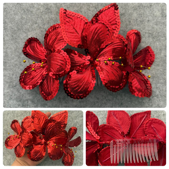Sequin Flowers Hair Comb for Cumbia Carnival Tipico Red - VivianFongDesignsLLC