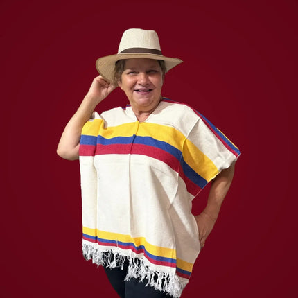 Colombian Tricolor Poncho – Authentic Unisex Handmade Cape with Fringes - VivianFongDesignsLLC