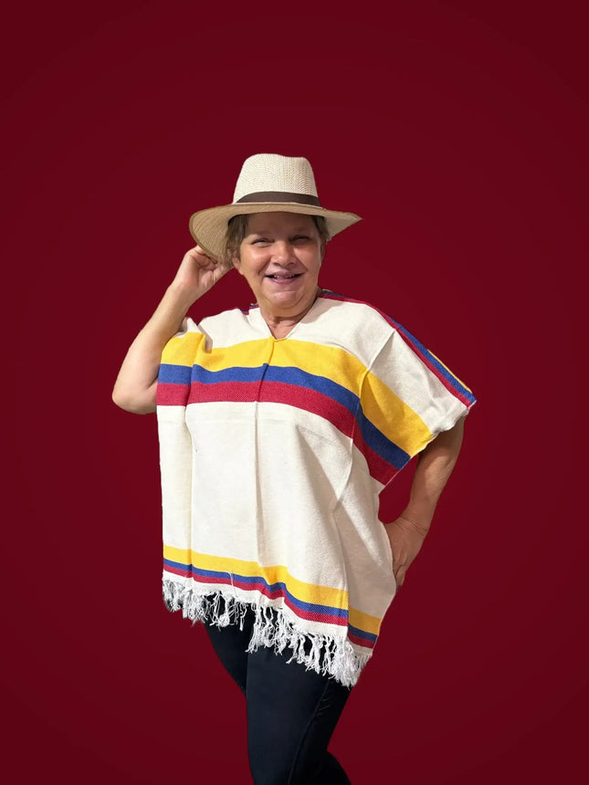 Colombian Tricolor Poncho – Authentic Unisex Handmade Cape with Fringes - VivianFongDesignsLLC
