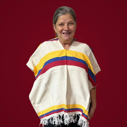 Colombian Tricolor Poncho – Authentic Unisex Handmade Cape with Fringes - VivianFongDesignsLLC