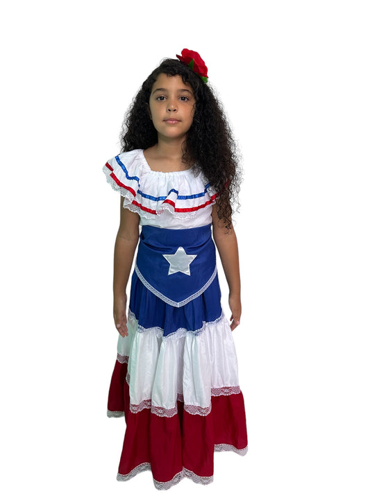 Robe traditionnelle portoricaine avec drapeau bleu et ceinture étoile blanche fille