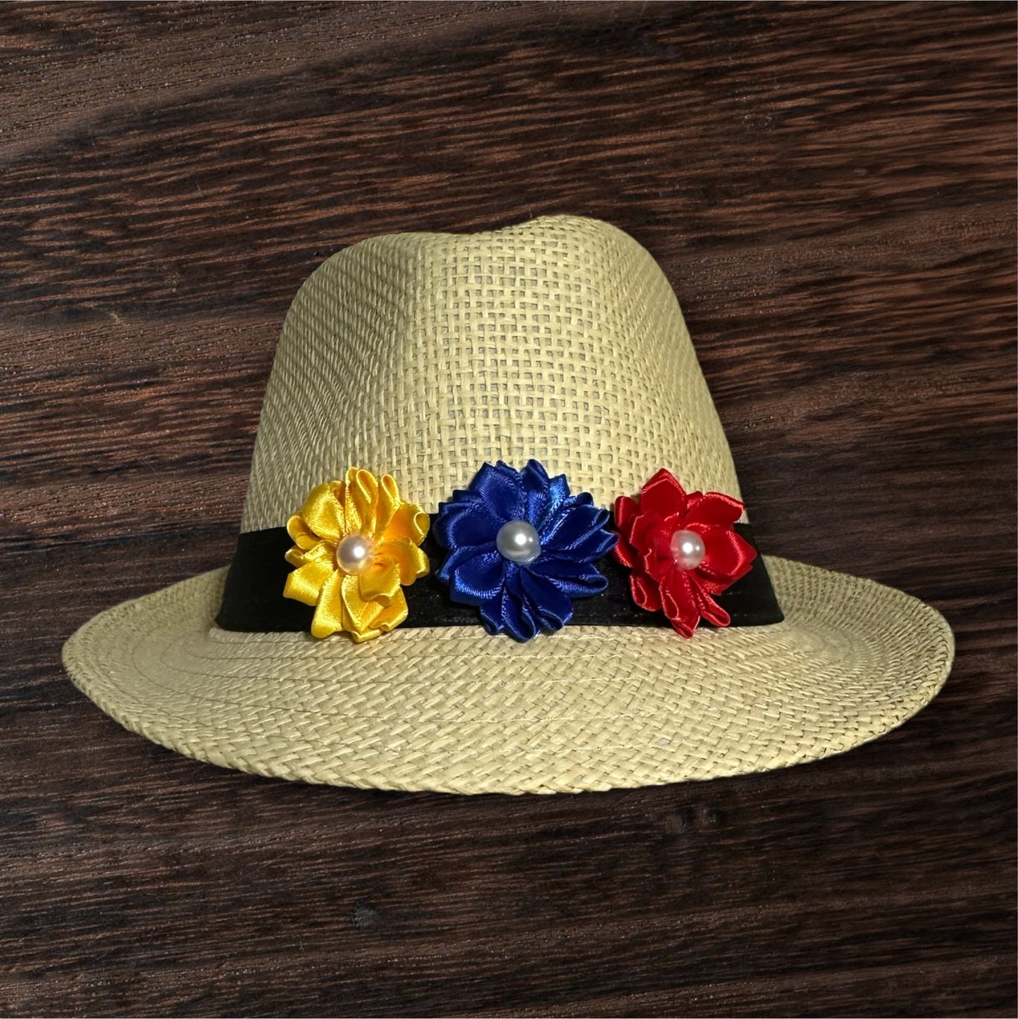 Couleurs des drapeaux colombien, vénézuélien et équatorien – Chapeau Fedora à fleurs jaunes, bleues et rouges