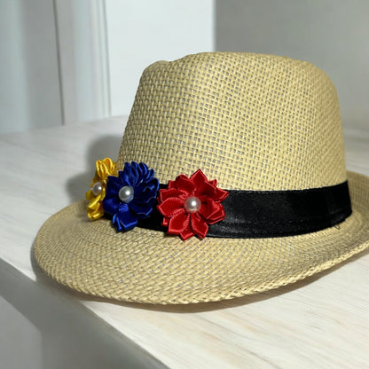 Couleurs des drapeaux colombien, vénézuélien et équatorien – Chapeau Fedora à fleurs jaunes, bleues et rouges