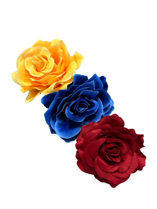 Stylish Set of 3 - Yellow Blue and Red Rose Hair Clips Large