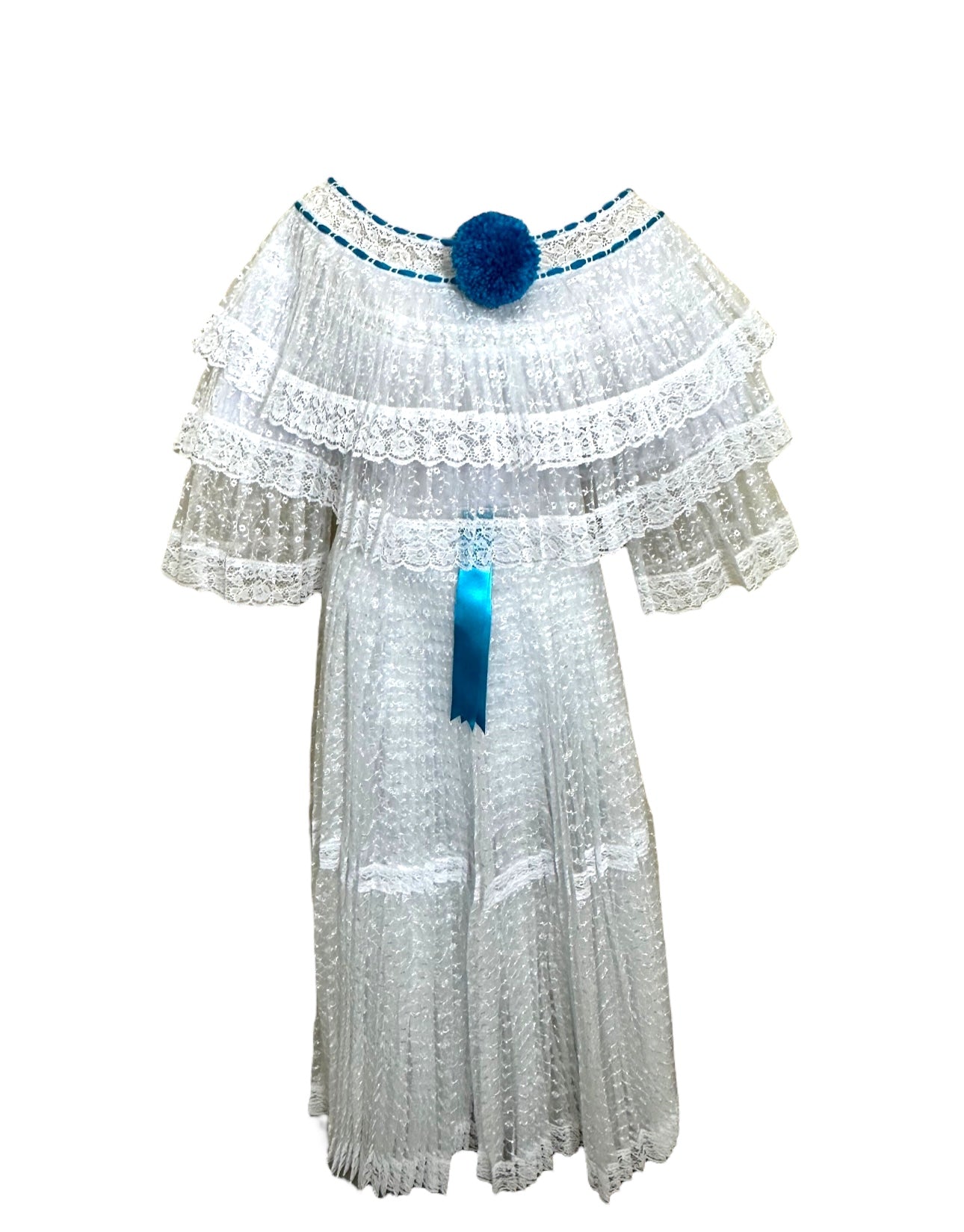 Panamanian Dress, White [Organza] Pollera with Turquoise Pompom