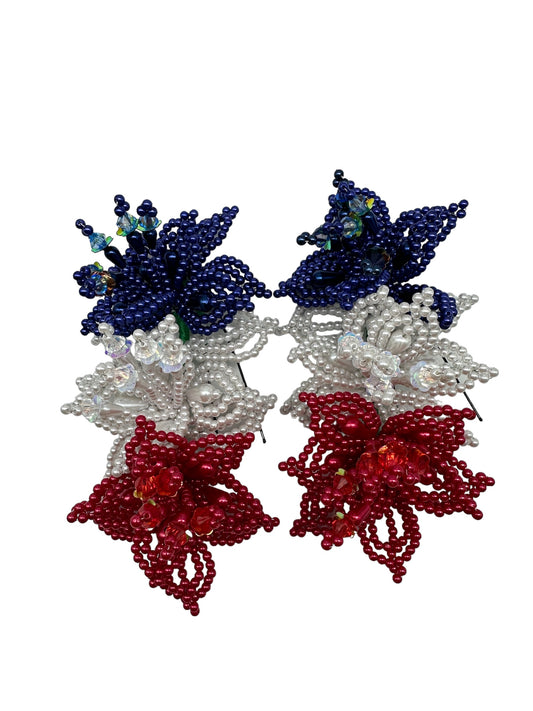 Pair (2) of Tapamoños Flower Pearl Red White Blue Montuno Hair Pin