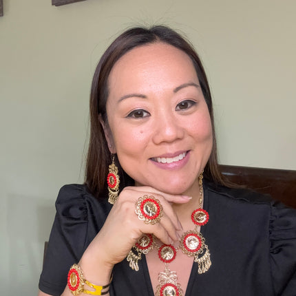 Panamanian Jewelry Set - Choker Necklace, Earrings, Bracelet & Ring Gold Plated