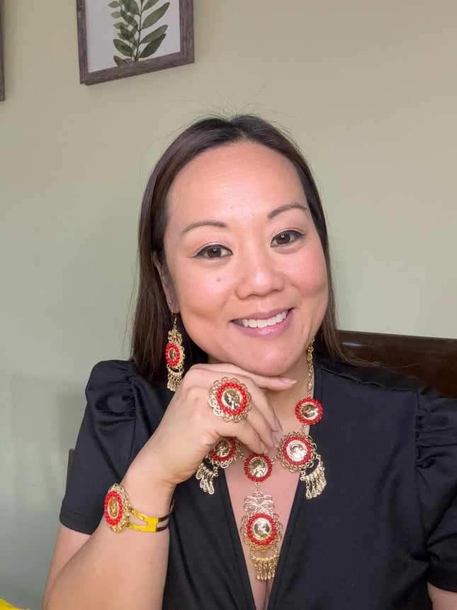 Panamanian Jewelry Set - Choker Necklace, Earrings, Bracelet & Ring Gold Plated