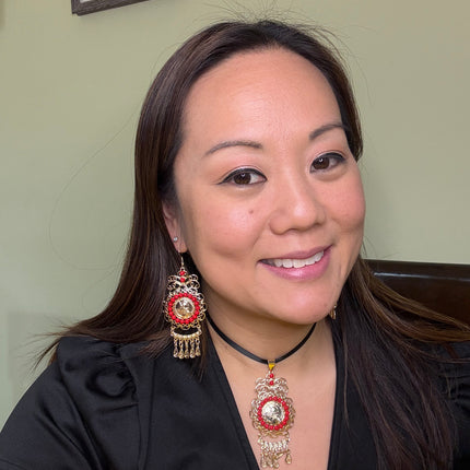 Panamanian Gold Plated Filigree Balboa Choker Set with Red Pearls