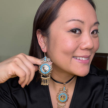 Panamanian Gold Plated Filigree Balboa Jewelry Set with Turquoise Pearls
